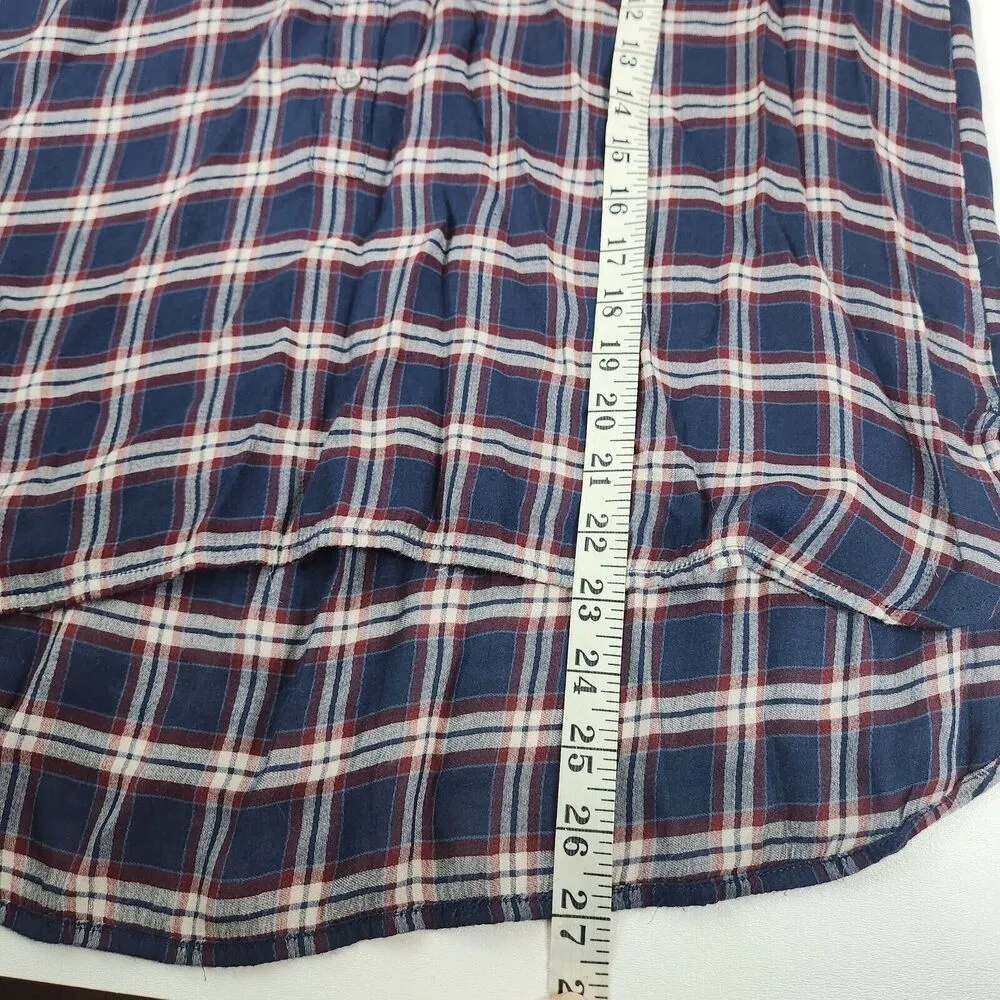 Ann Taylor LOFT The Softened Shirt Blue Red Plaid V Half Button Shirt Blouse L - Image 7