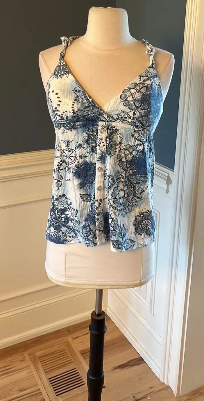 Tank Blue White Print Peplum Shirt Cotton Blend Medium - Image 6