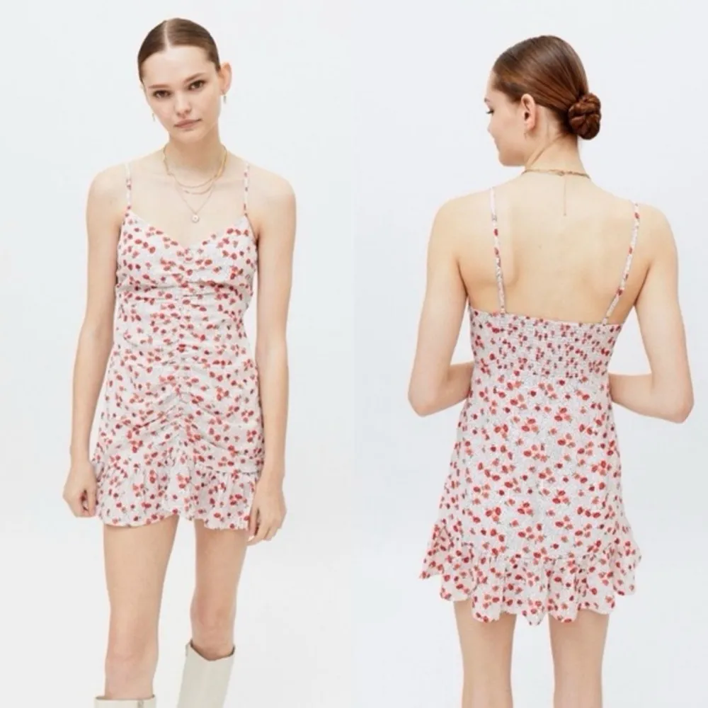 Urban Outfitters Floral Dotted Cinched Ruffle Mini Slip Dress White/Red Size M - Image 2