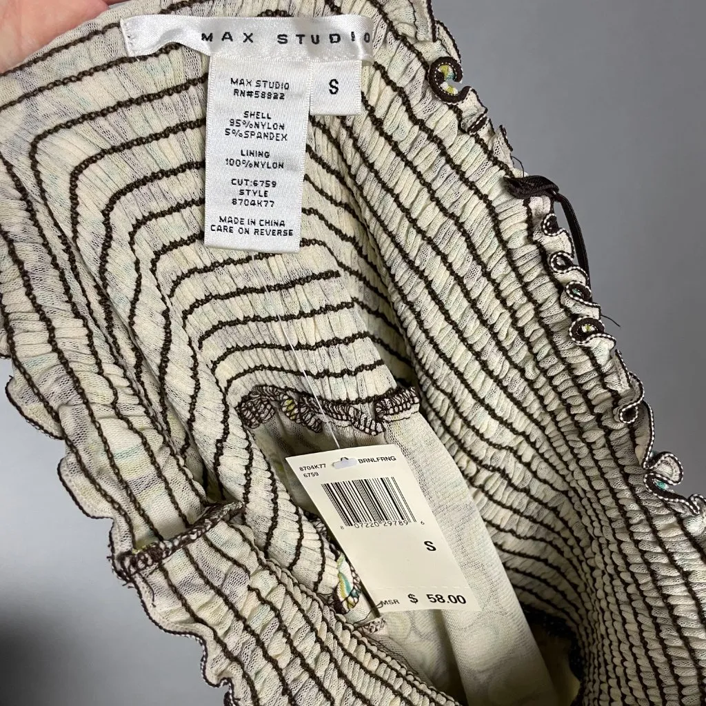 NWT Max‎ Studio Top Size Small Geometric Circle Pattern Shirred Bust Green Brown - Image 3