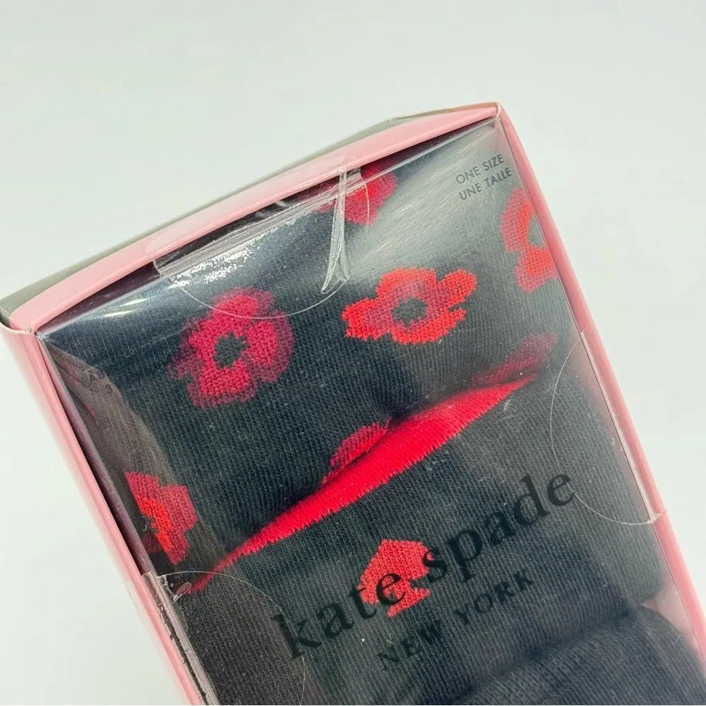 Kate Spade Black Red Floral Striped 3 Pairs Crew Socks Women’s One Size - Image 2