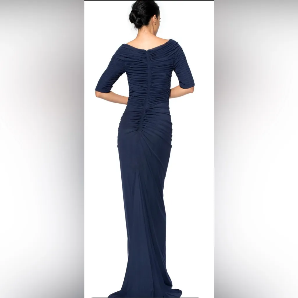 Tadashi Shoji asymmetric draped mesh gown, navy blue, ruched mesh layer, size S - Image 15