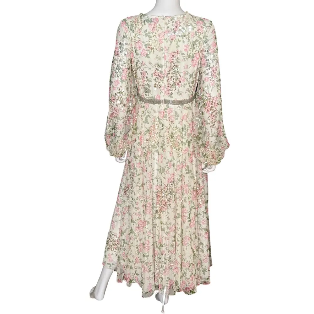 Mac Duggal White Embellished Floral Print Faux Wrap A Line Dress Women’s Sz 8 - Image 7