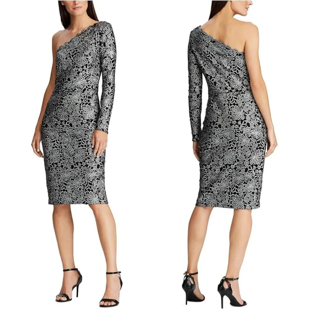 NWT Lauren Ralph Lauren One Shoulder Lace Evening Dress Women's 12 Black Silver - Image 2