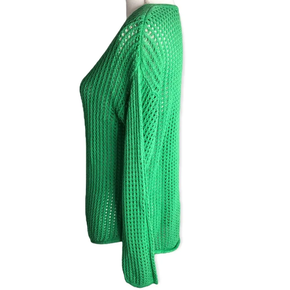 Jeanne Pierre V-Neck Techno Knit Cotton Fishnet Pullover Sweater - Image 66