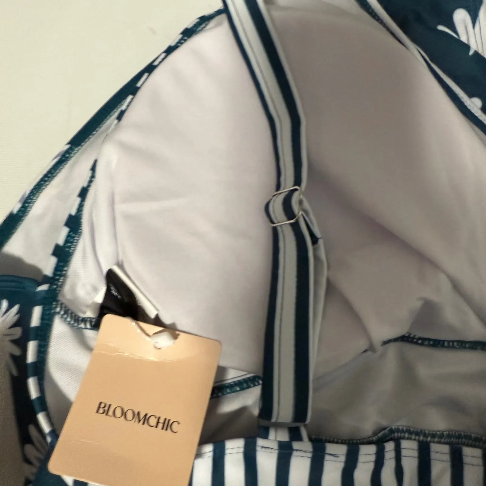 BloomChic Plus Size One Piece Swimsuit Floral Striped Crisscross Front Teal Blue - Image 9