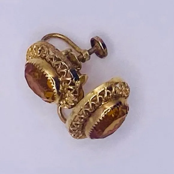 Vintage Danecraft Sterling Silver Citrine Glass Screwback Earrings .75”x.5” Gold - Image 7