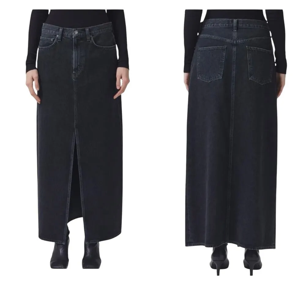 NEW Agolde Leif Front Slit Denim Maxi Skirt Spider Black Size 32 Casual $238 - Image 14