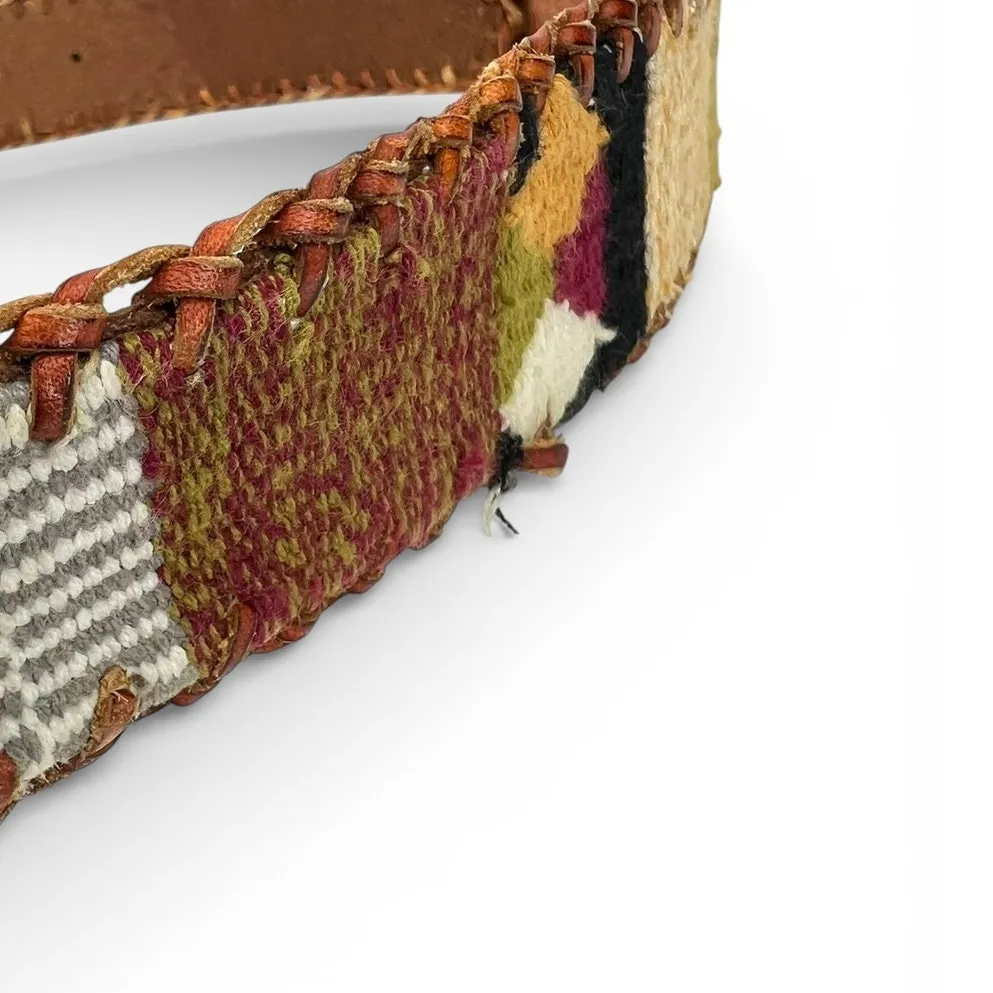 Vintage Lucky Brand L brown leather belt woven textile inlay Patch embroidered - Image 8