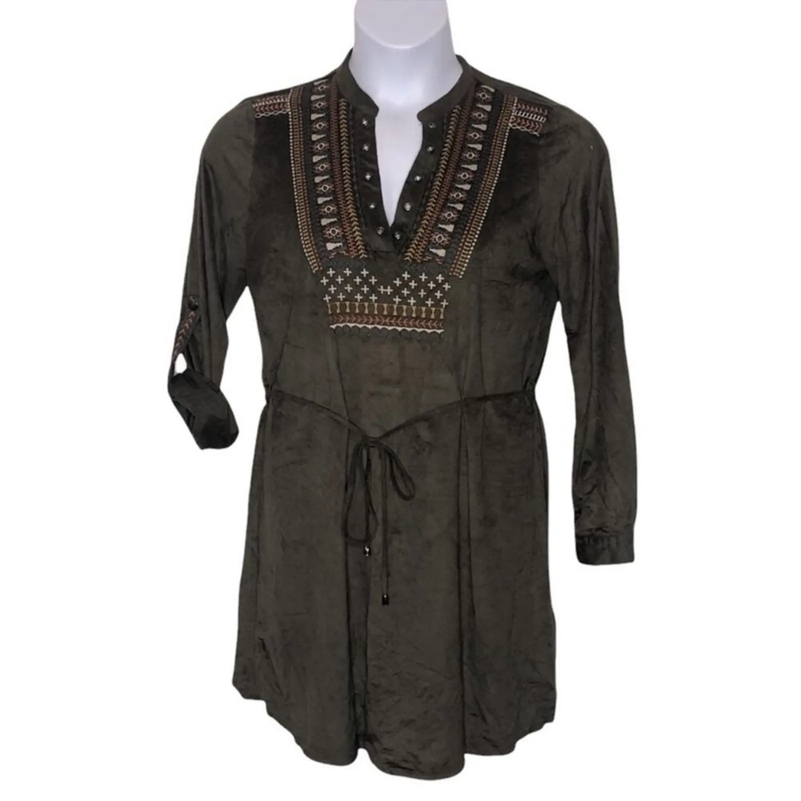 Anthropologie Lulumari Green Suede-Like Embroidered Dress Large - Image 2