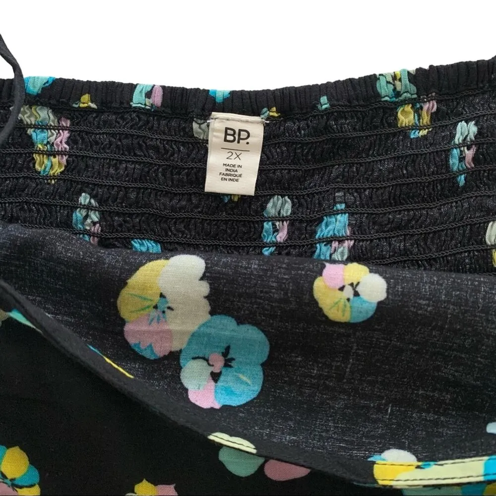 BP Ruched Crop Tank Top Black Floral Spaghetti Strap Elastic Back 2X - Image 5