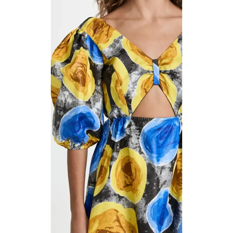 Mangishi Doll Sz 10 Zahara Maxi Dress in Yellow Swirl Whimsical Open Back Blue - Image 4