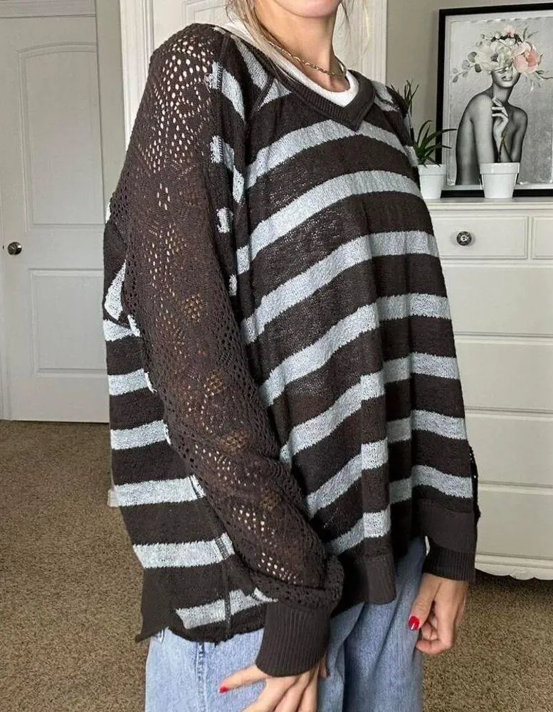 We the Free Brown and blue striped sweater with a relaxed fit & lace sleeve - Image 2