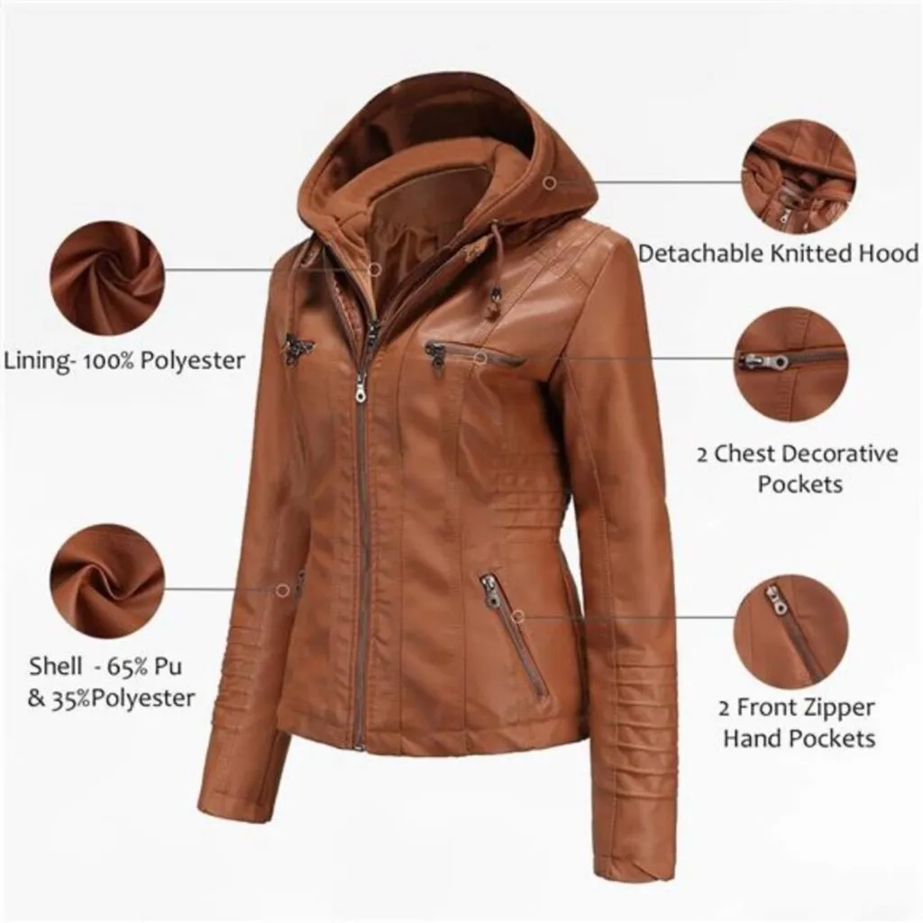 TAGOO Brown Faux Leather Jacket with Removable Hood. Size M - Image 2