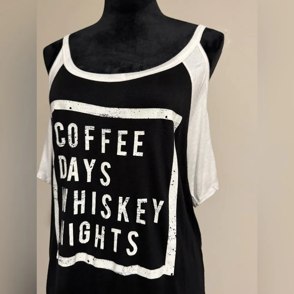 EUC Scotty Black and White Coffee Days Whiskey Nights Cold Shoulder Top size XL - Image 3