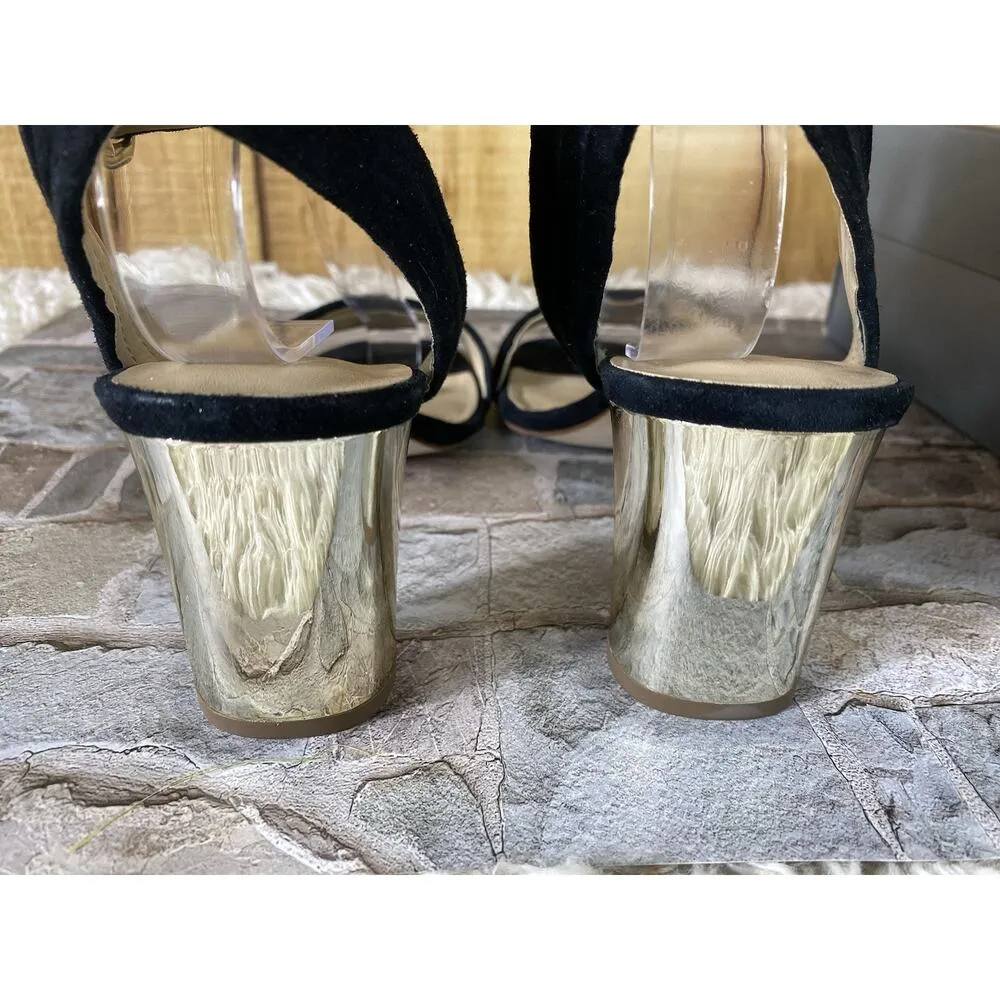 Ann Taylor Black Suede ROWAN Strappy GOLD METALLIC Block Heel Sandals Size 7M - Image 5