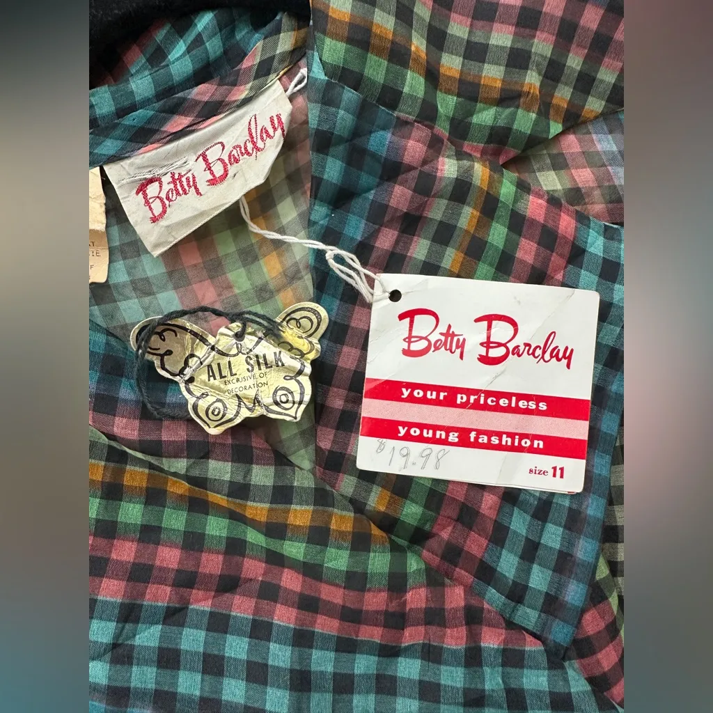 NWT Deadstock Vintage 1950s Betty Barclay Rainbow Plaid Silk Dress - Image 13