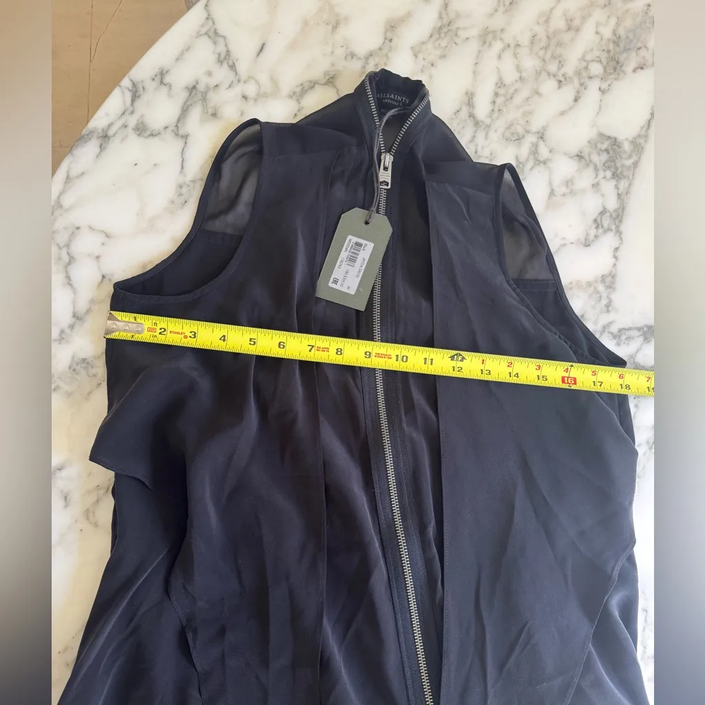 NWT AllSaints Jayda V Neck Sleeveless Zip Front Black Silk Dress Sz M - Image 7