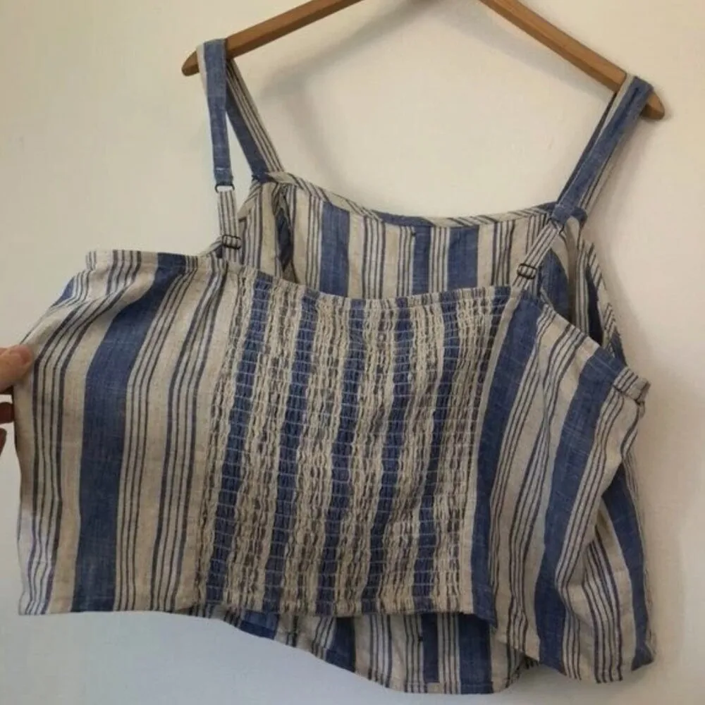 NEW NWT TORRID 3 Plus Size Linen Blend Button Crop Tank Top Beige Blue Stripe 3X - Image 10