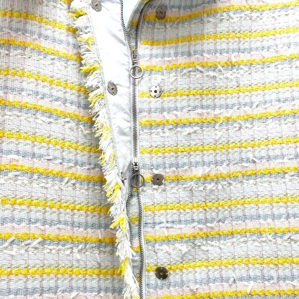 Worth NY Women's Tweed Skirt Size 12 Pale Blue White Butter Yellow Stripe Fringe - Image 10