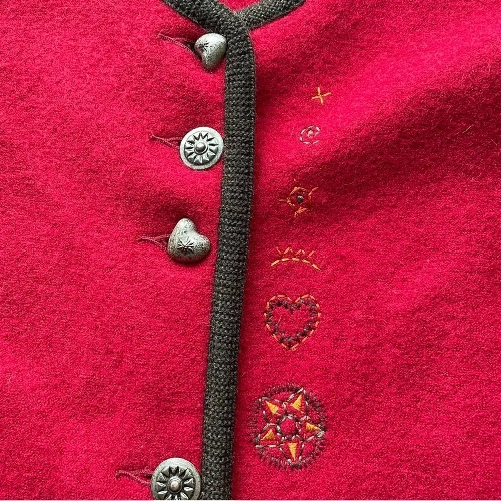 GEIGER of Austria Wool Sweater Jacket Cardigan Ruby Red Size Large Hearts Stars - Image 7