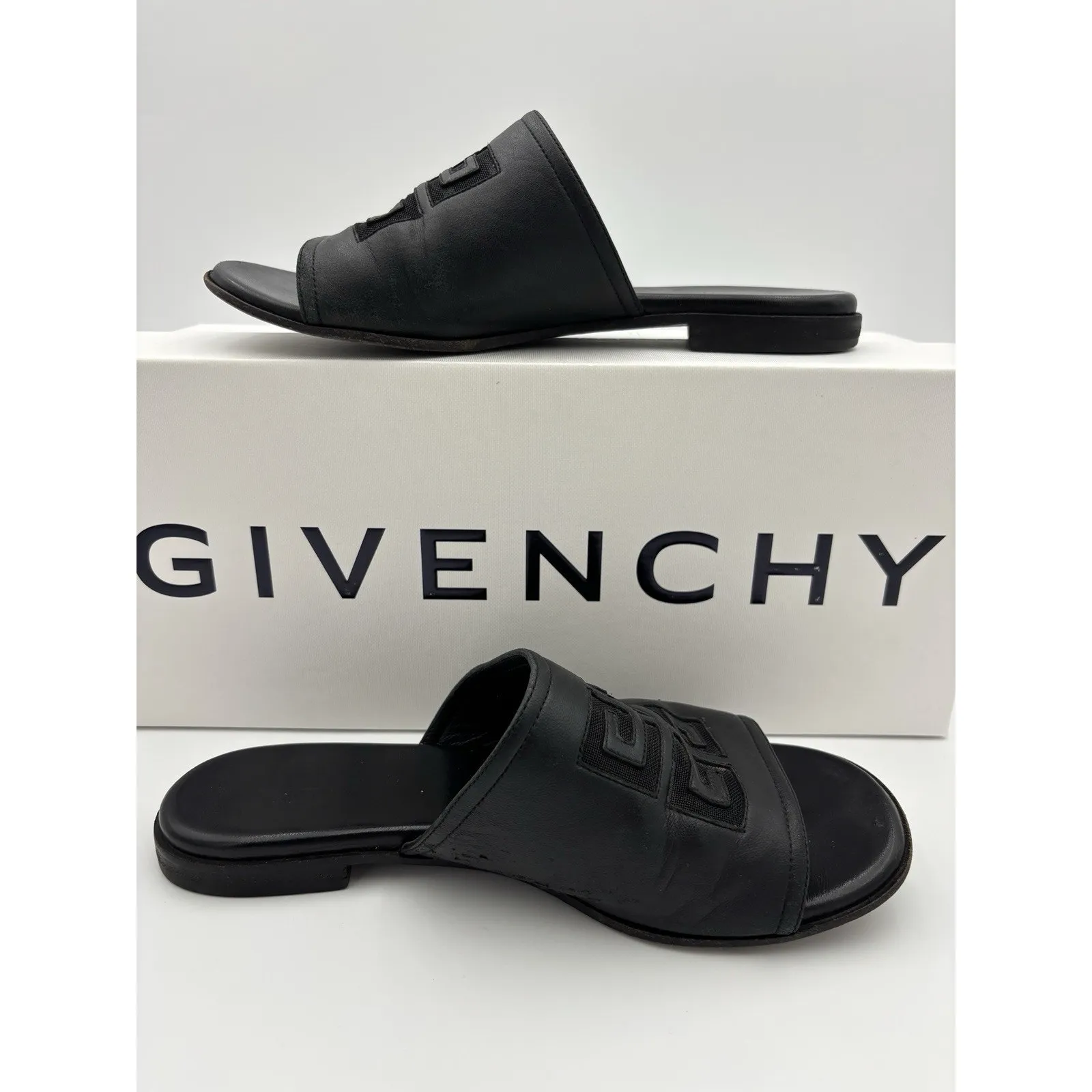 Authentic Givenchy Slides Flat Sandals Black Leather Mesh Logo Size 38.5 / 8.5 - Image 10