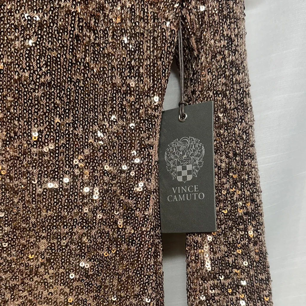 Vince Camuto Sparkling Bronze Long Sleeve Dress Draped off Shoulder Sweetheart - Image 2