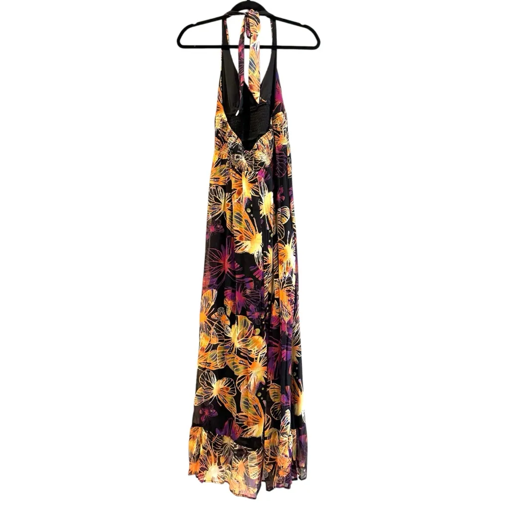 Fire Los Angeles Floral Tropical Halter Maxi Dress Gold Purple Multicolor Medium - Image 3