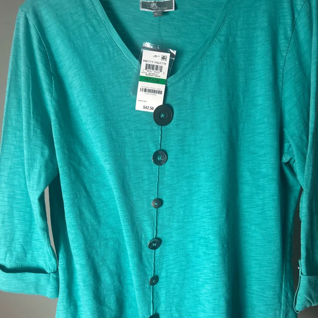 JM Collection Turquoise Button 3/4 Sleeve Work Top Size Petite Large NWT - Image 4