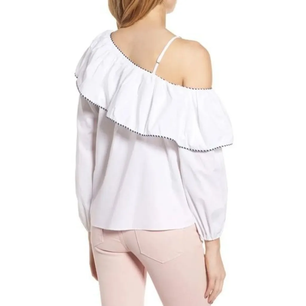 Parker Kammi Ruffle One Shoulder Blouse Size XS White Ruffle Long Sleeve New - Image 3