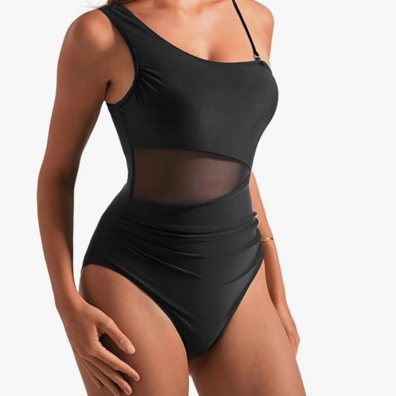 SUUKSESS Women Mesh One Shoulder One Piece Swimsuit Tummy Control NEW Size SMALL Black - Image 2