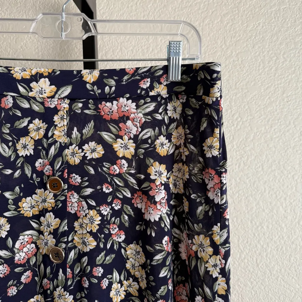 Vintage Inspired Navy Blue Floral Print Bohemian A Line Midi Flowy Casual Skirt Black Size L - Image 6