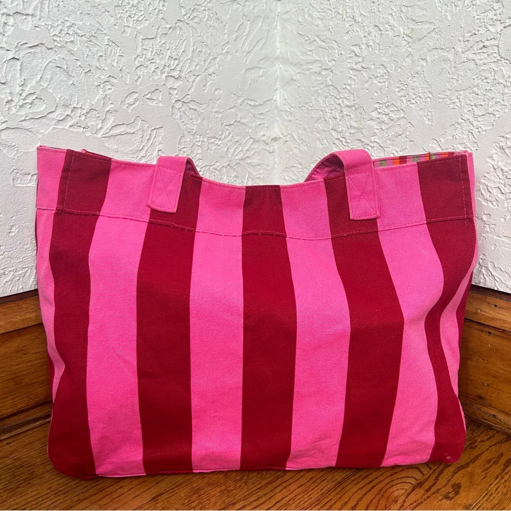VICTORIA’S SECRET Bold Striped Red And Pink Canvas Gold Graphic Tote Bag - Image 5