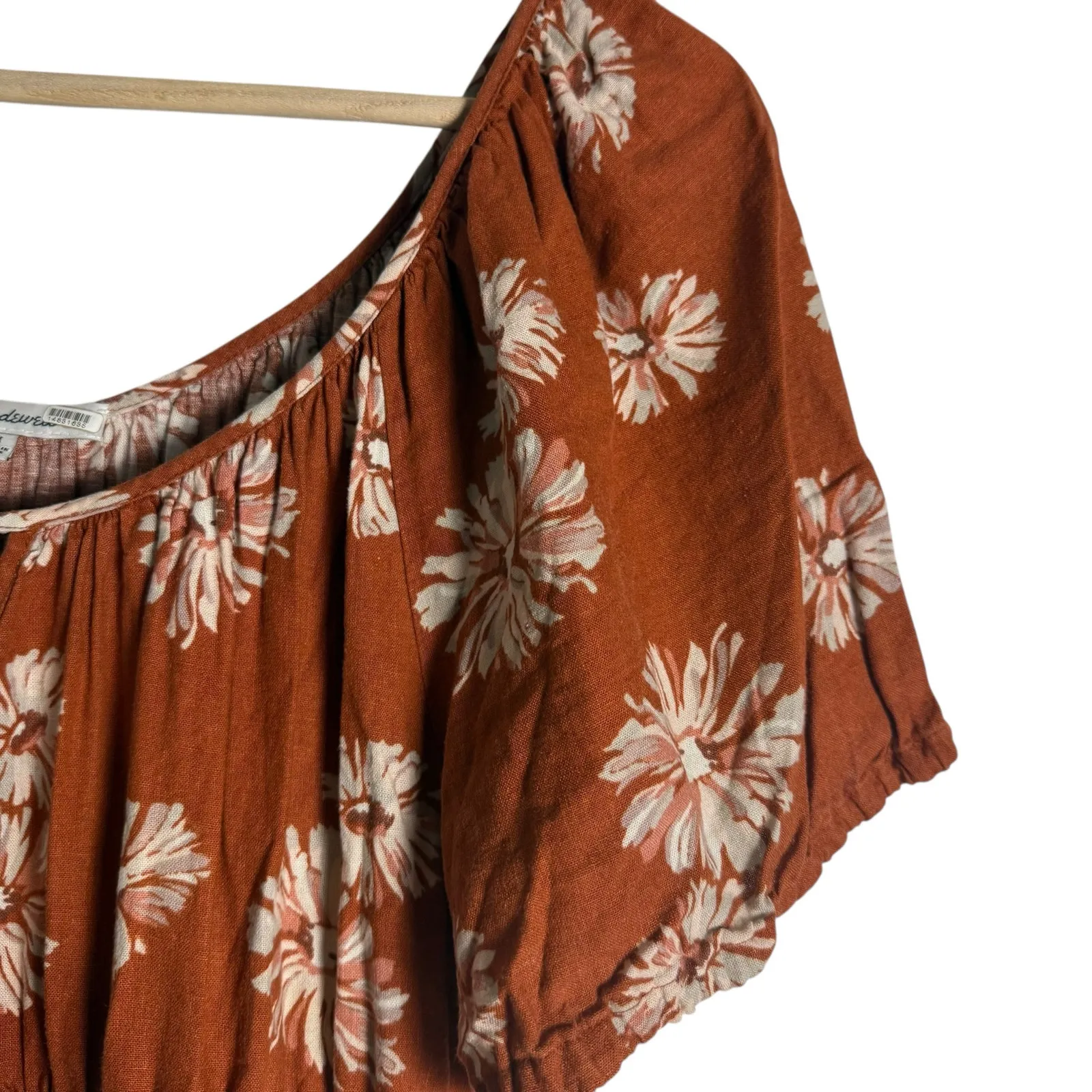 Madewell Linen Sophia Torch Rust Floral Print Smocked Puff Sleeve Short Dress M - Image 5