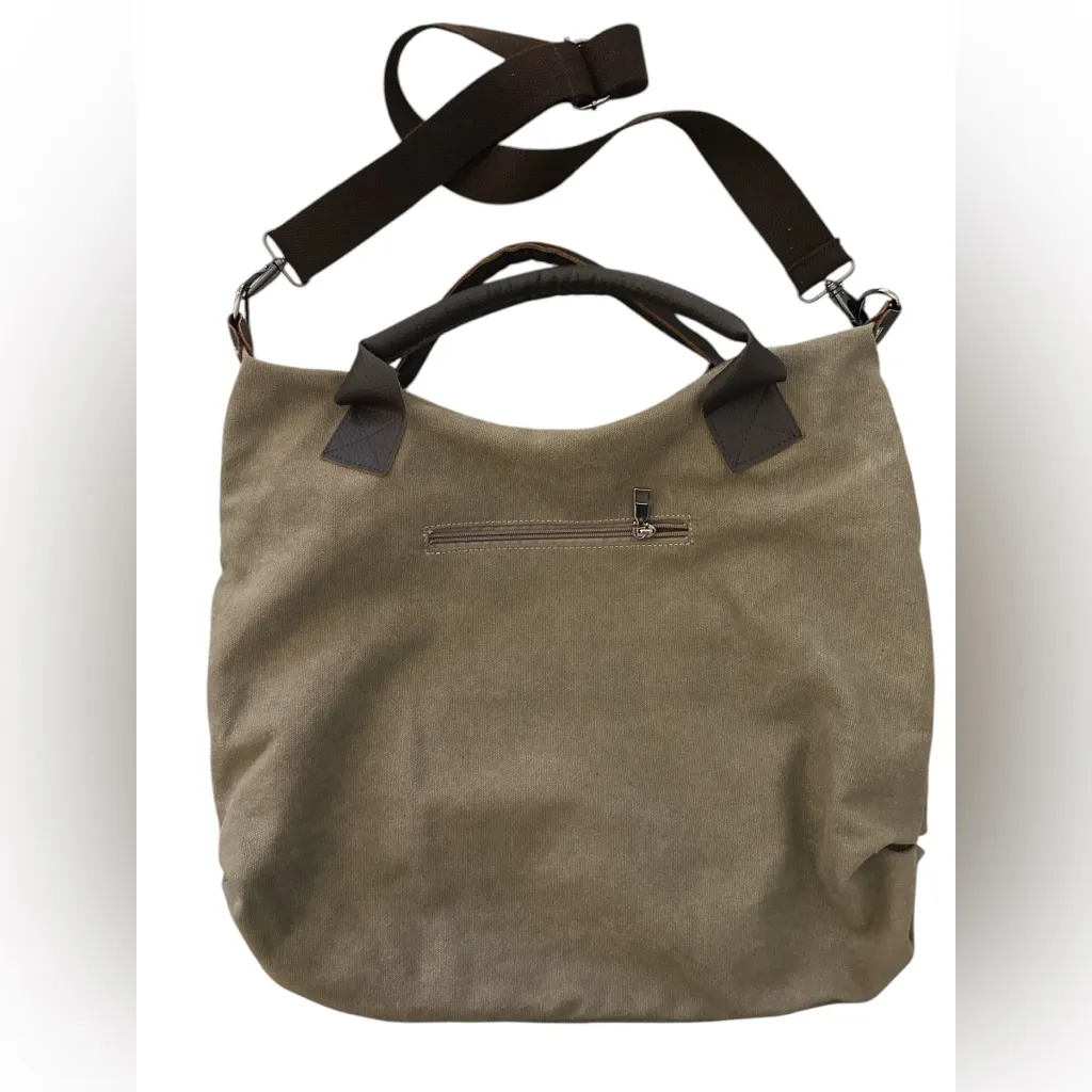 K2 Classic Fashion The Genova Hobo Tote Bag Green Canvas & Leather 18”x16” Brown - Image 2