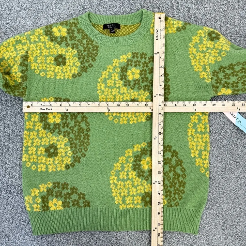Witty Fox Yin Yang Floral Pullover Sweater Green Yellow Small - Image 11