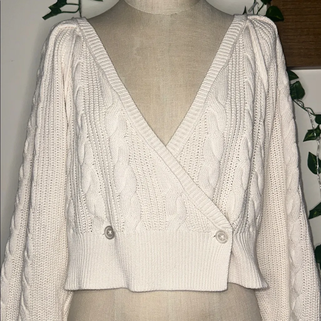 Aerie Chunky Knit Puff Sleeve Cropped Cardigan Sweater Ivory Cream White Trendy - Image 7