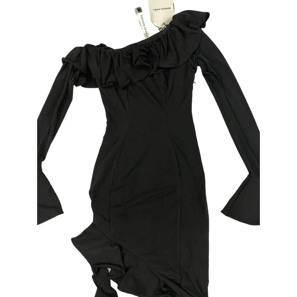 Mistress Rocks - Ruffle Long Sleeve Off Shoulder Mini Dress in Black - Image 2