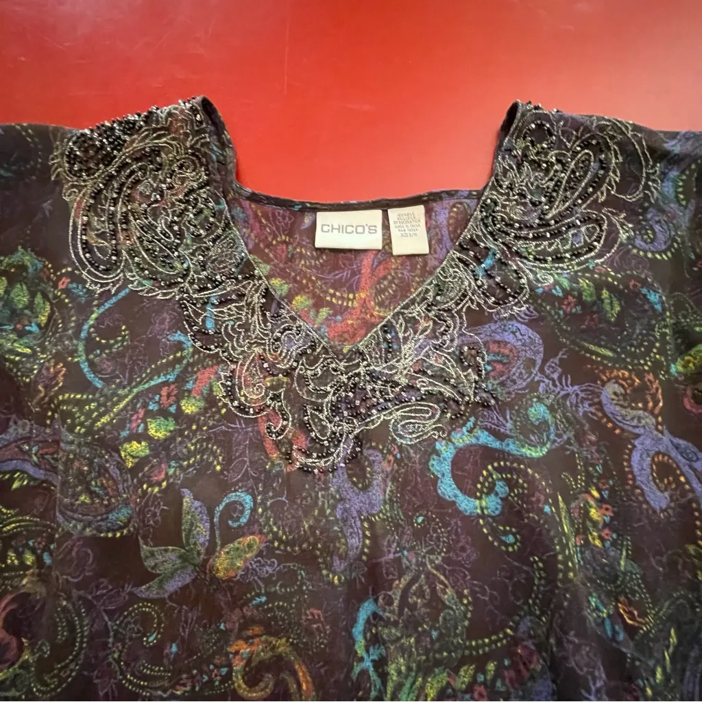 Chico’s Silk Kimono Top S/M Sheer Paisley Boho WhimsiGoth Festival Fairycore - Image 14