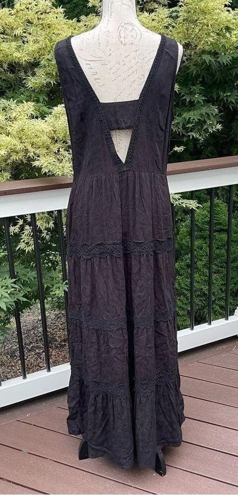 LOFT maxi tiered tank dress black crochet details Sz 12P - Image 5