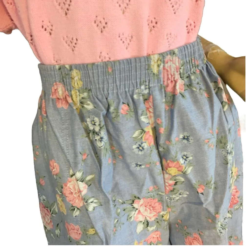 VINTAGE 1990'S ALFRED DUNNER BLUE W/PINK FLORAL PRINT COTTON SHORTS (20) - Image 7