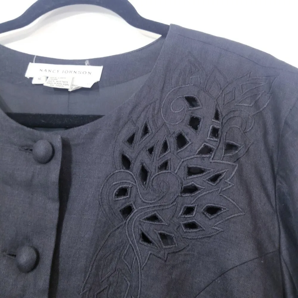 Vintage Nancy Johnson Linen Light Jacket Blouse Laser Cutout Retro Black Size 16 - Image 2