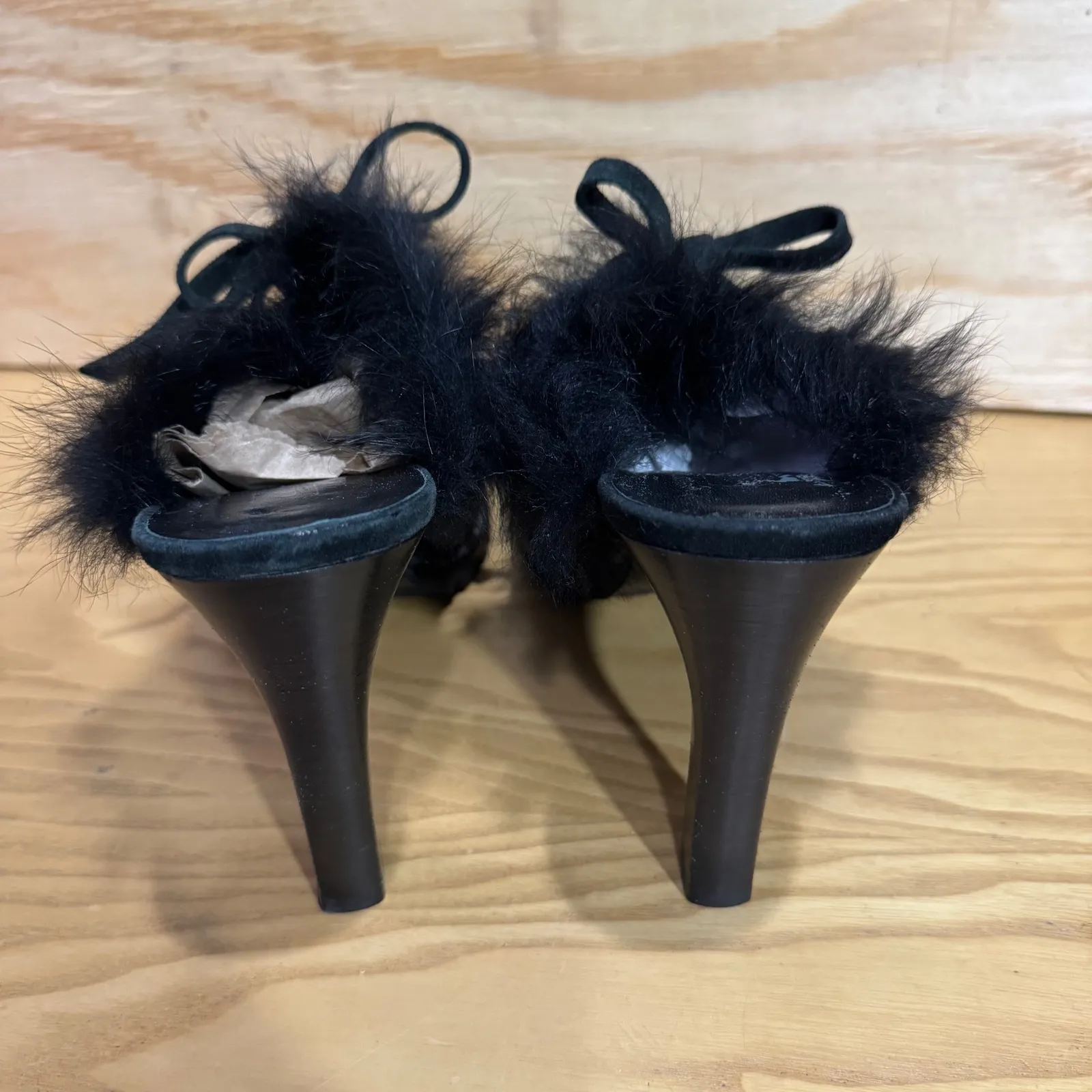 Vintage Coach Kristy Black Suede Fur Trim Lace Up Heeled Mules Size 11 - Image 6