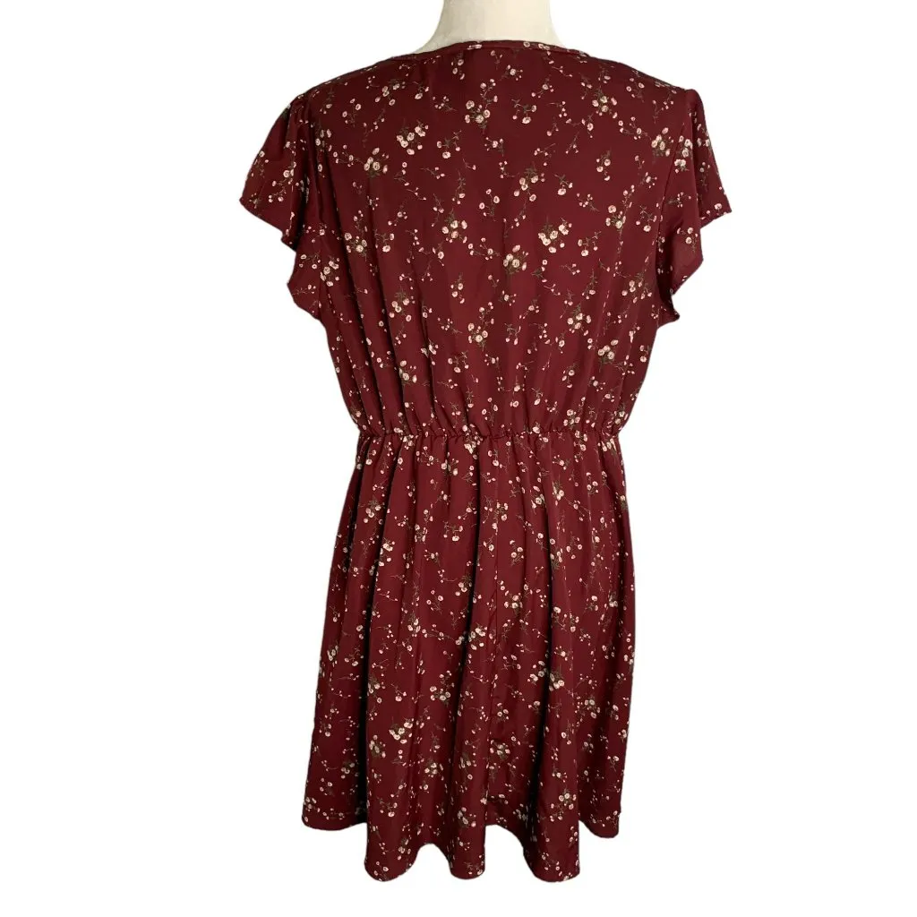 Flutter Sleeve V Neck Swing Dress 1XL Maroon Floral Elastic Waist Knee Length Red Size undefined - Image 4