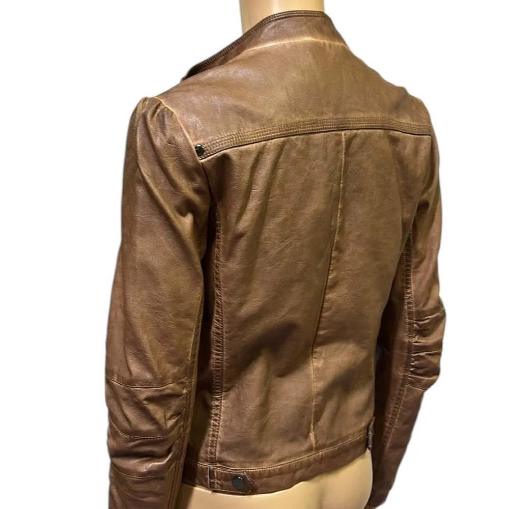 Blu Pepper Moto Distressed Look Brown Faux Leather Zip Up Jacket Womens Small - Image 4