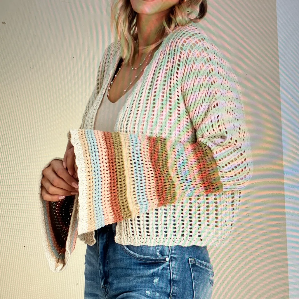 Oatmeal color block Crochet Cardigan with bell Multicolor Sleeves Size undefined - Image 2