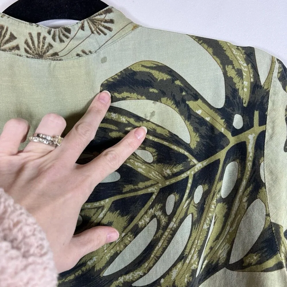 Citron button down Silk Linen tropical hawaii print Women’s Sz Small 3/4 Sleeve Green - Image 11