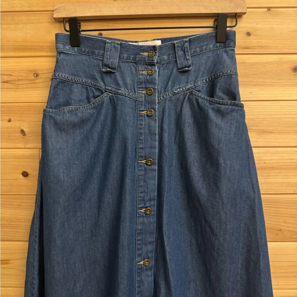 VNTG First Issue Small Cottagecore Prairie Denim Cotton Button Front Midi Skirt Blue - Image 2