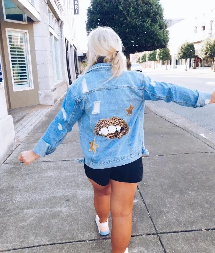 Lips Sequin Denim Jacket Size M - Image 3