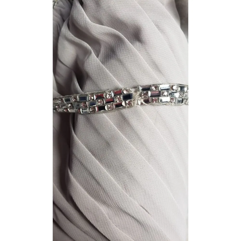 New Jenny Packham Gown Size 16 Chiffon Pleated Oyster Rhinestone Flowy Gala Gray - Image 5